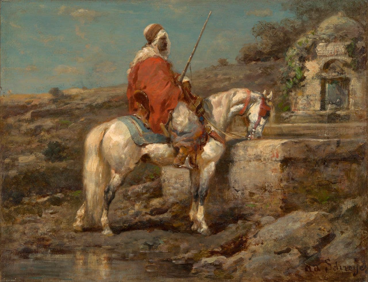Arab Warrior on Horseback Stopping at a Well