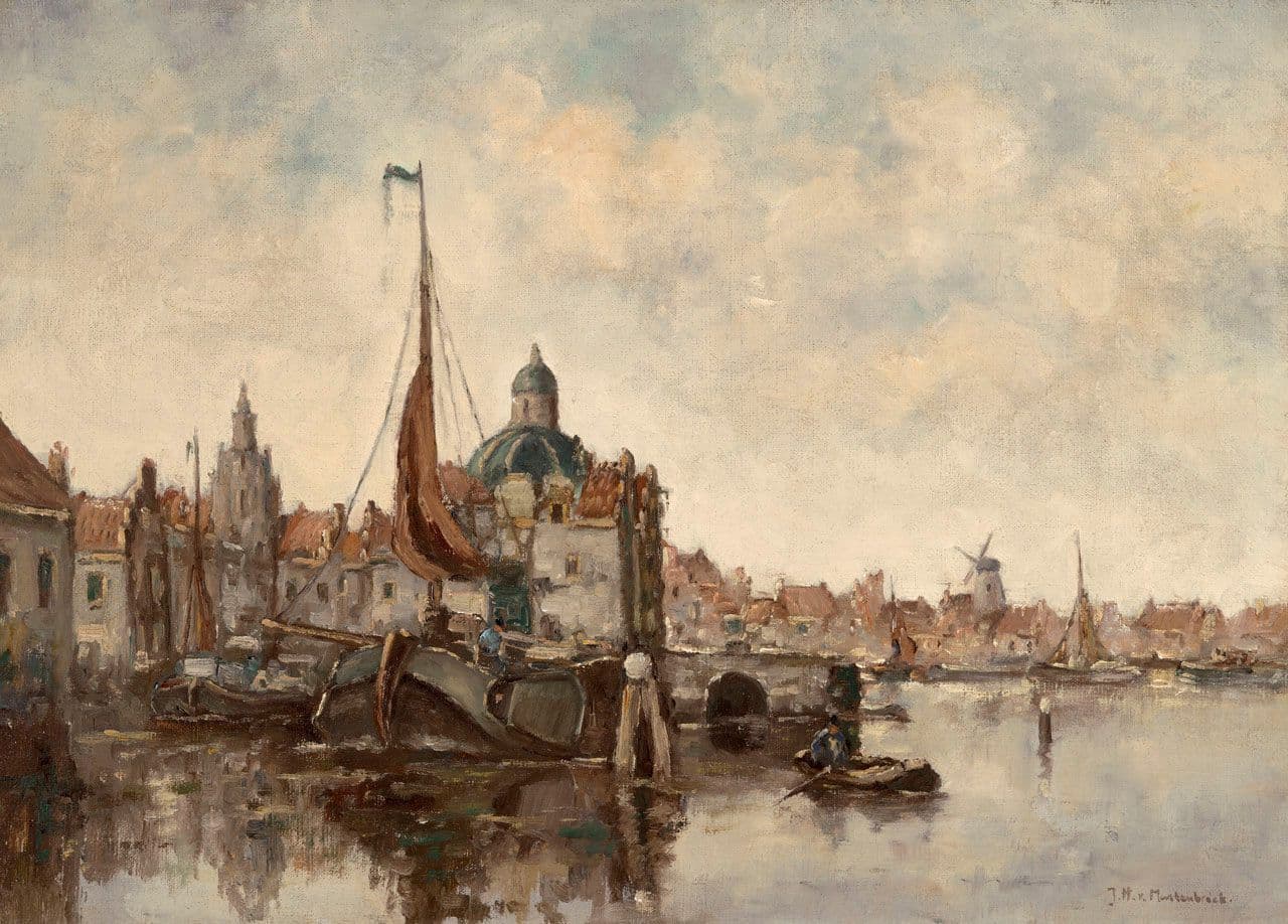 View of a Port with a Distant Windmill