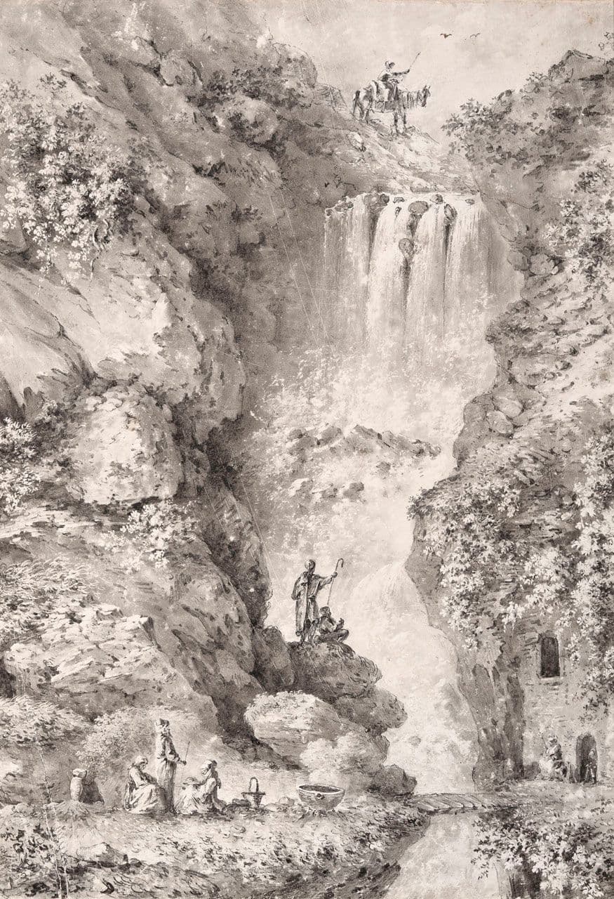 Eastern Figures Beside a Waterfall