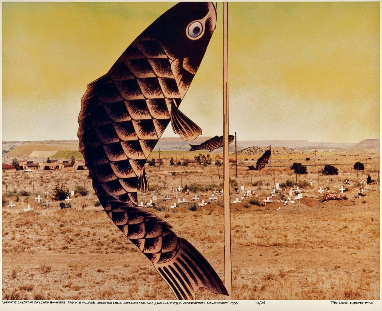 Japanese Children's Day Carp Banners, Paguate Village, Jackpile Mine Uranium Tailings, Laguna Pueblo Reservation, New Mexico, from "Nuclear Enchantment"
Patrick Nagatani
20th Century
2022.157.8 Japanese Children's Day Carp Banners, Paguate Village, Jackpile Mine Uranium Tailings, Laguna Pueblo Reservation, New Mexico, from "Nuclear Enchantment"