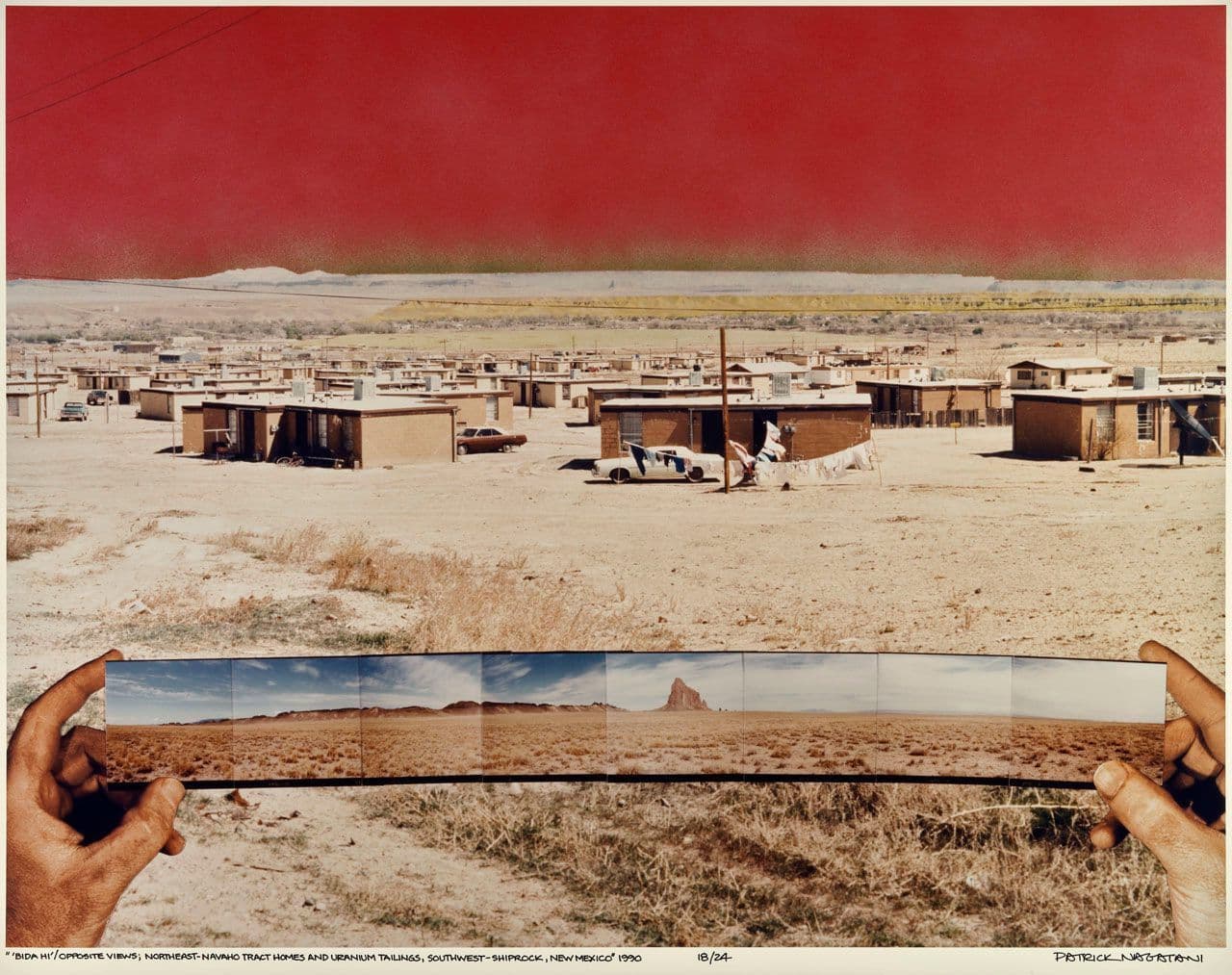 'Bida Hi'/Opposite Views, Northeast-Navaho Tract Homes and Uranium Tailings, Southwest-Shiprock, New Mexico, from "Nuclear Enchantment"
Patrick Nagatani
20th Century
2022.157.10 'Bida Hi'/Opposite Views, Northeast-Navaho Tract Homes and Uranium Tailings, Southwest-Shiprock, New Mexico, from "Nuclear Enchantment"