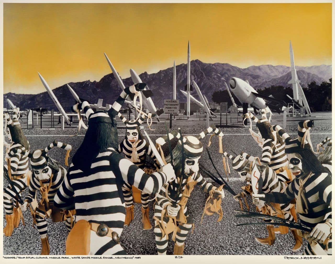 Koshare/Tewa Ritual Clowns, Missile Park, White Sands Missile Range, New Mexico, from "Nuclear Enchantment"
Patrick Nagatani
20th Century
2022.157.12 Koshare/Tewa Ritual Clowns, Missile Park, White Sands Missile Range, New Mexico, from "Nuclear Enchantment"