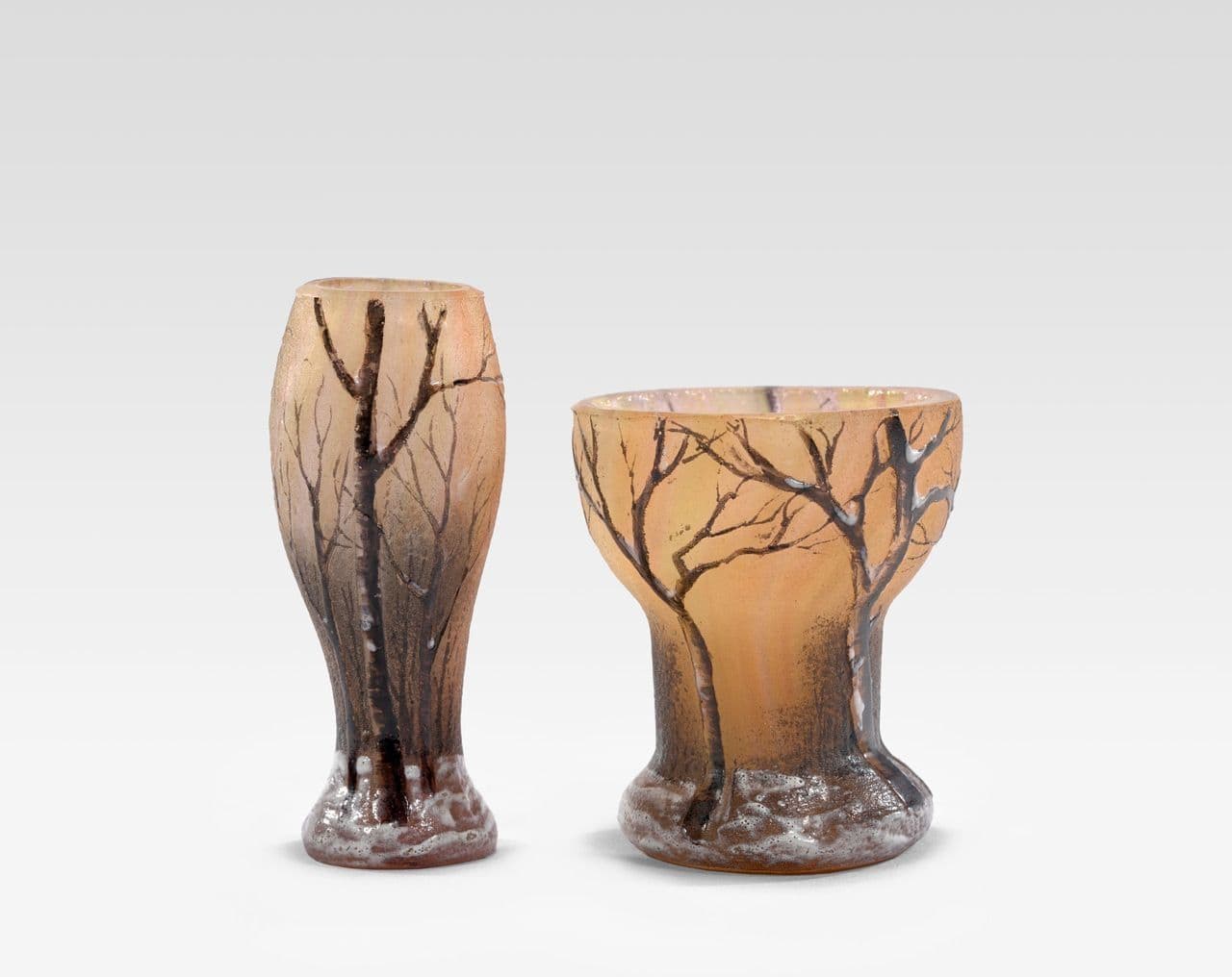 Winter Landscape Enameled Cameo Miniature Vases
Daum Freres
20th Century
2025.133.7.1-.2 Winter Landscape Enameled Cameo Miniature Vases