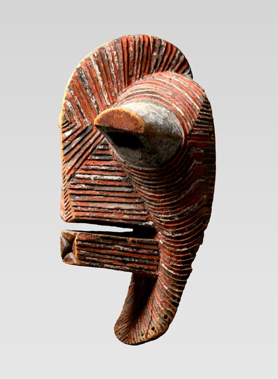 Central Songye people, Democratic Republic of the Congo, Male Kalebwe Kifwebe Mask (Kilume), early 20th century. Wood and natural pigments. Crocker Art Museum, gift of the Woods Davy and Kathleen Dantini Collection, 2024.58.2.