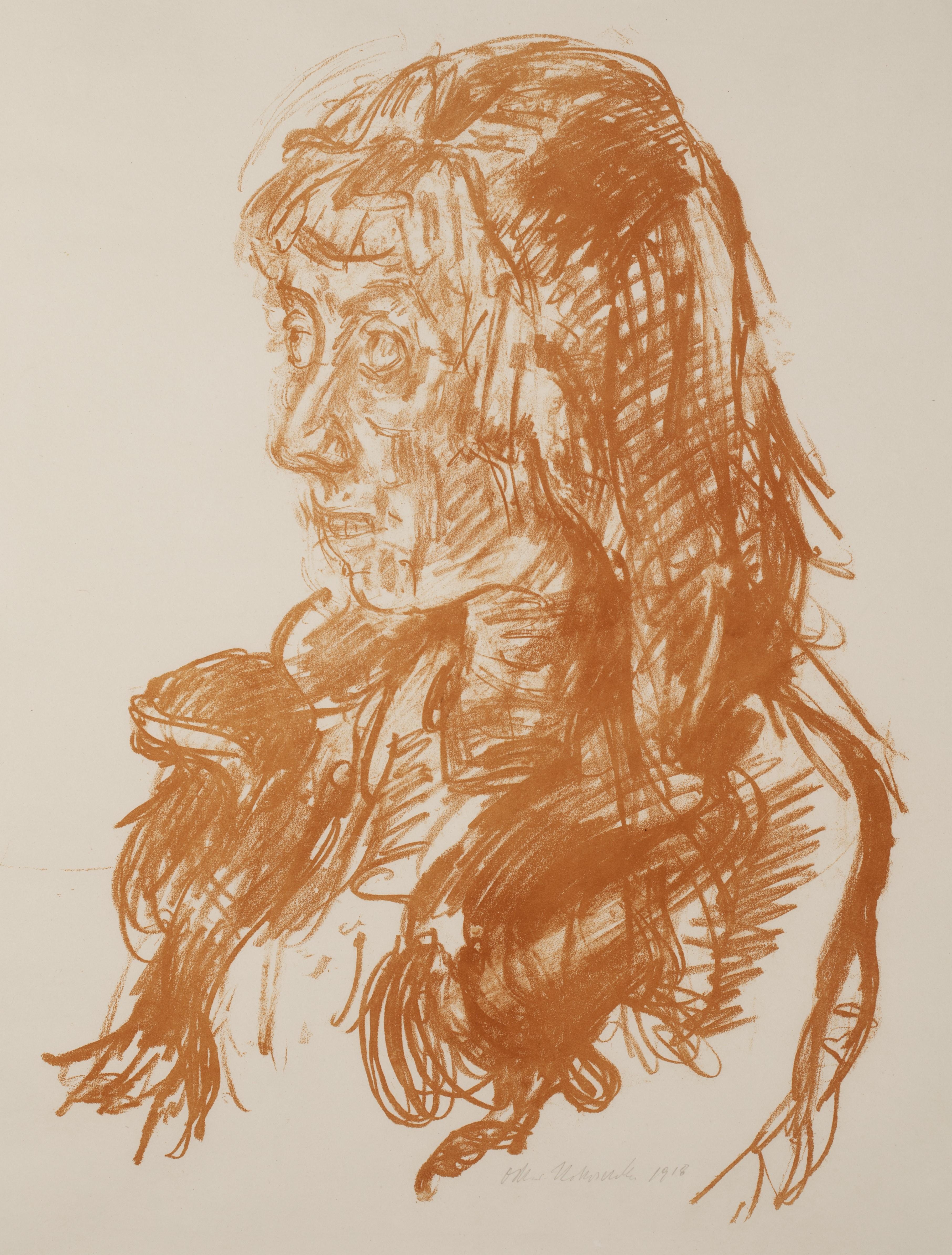 A color lithographic of a woman in portrait, looking to the left. It's rendered with expressive, graphic lines characteristic of German Expressionism.