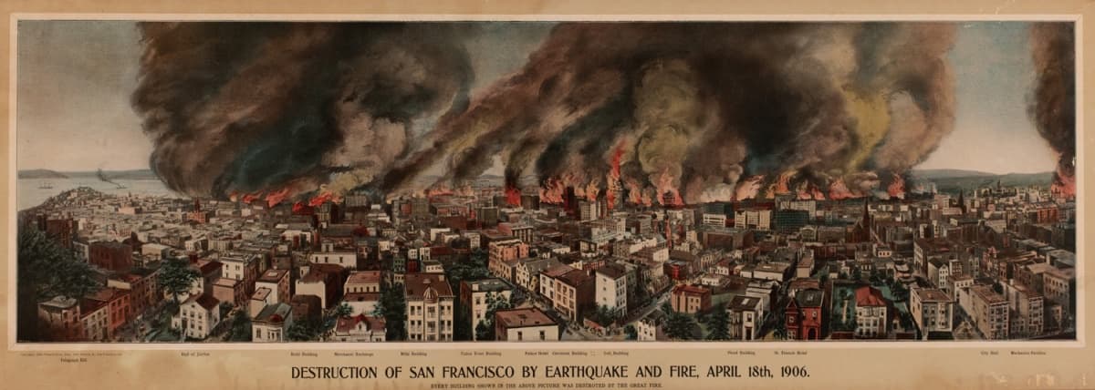 Francis Ficke (American, active 20th century), published by O.W. Co., Destruction of San Francisco by Earthquake and Fire, April 18th, 1906, 1906. Chromolithograph, 10 3/4 x 35 1/4 in. Crocker Art Museum, gift of the Peter T. Pope Early California Collection, 2019.74.46.
