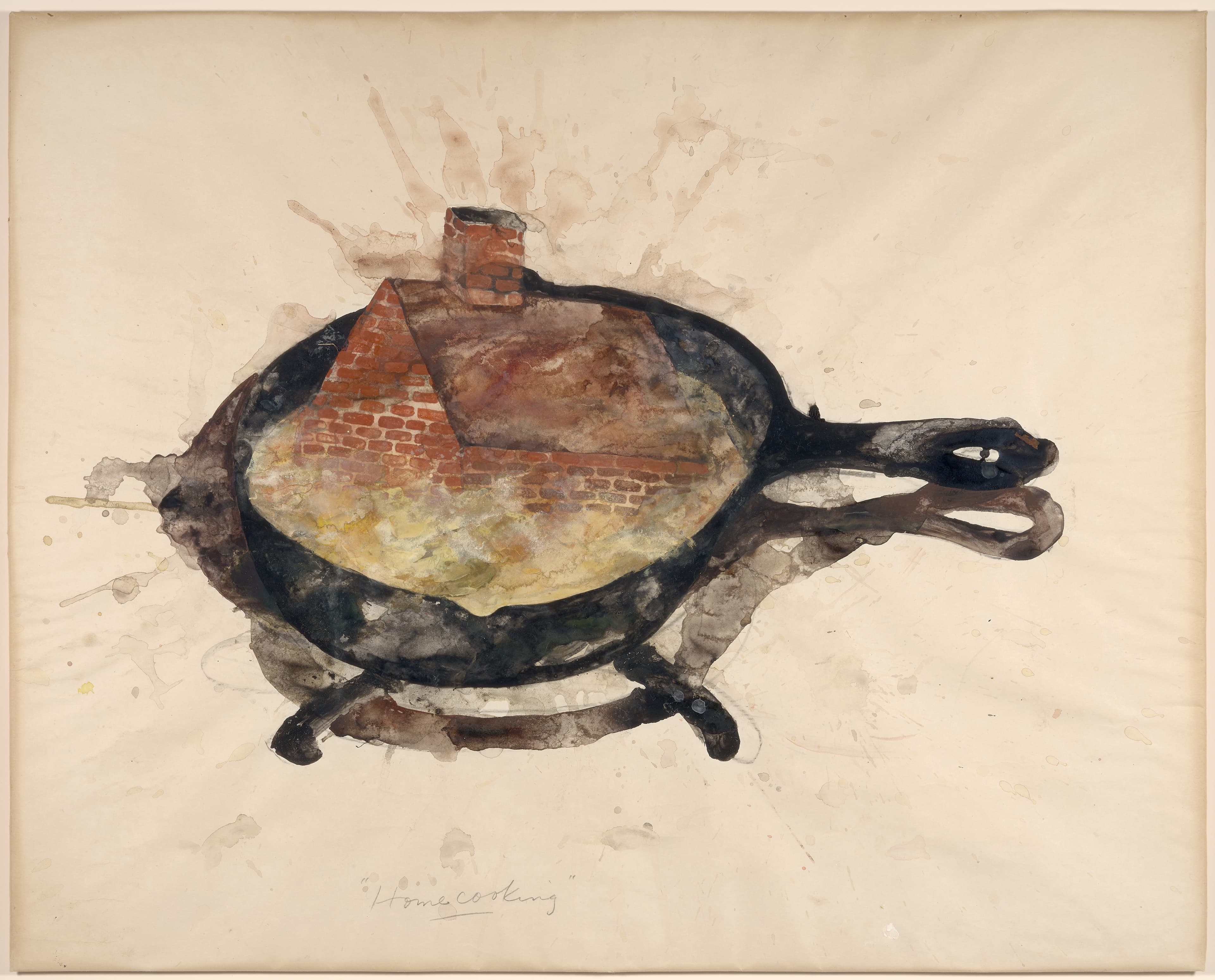 Suzanne Adan (American, born 1946), "Home Cooking," 1973. Watercolor and Elmer's glue on butcher paper, 20 x 25 in. Adan Family Collection.
