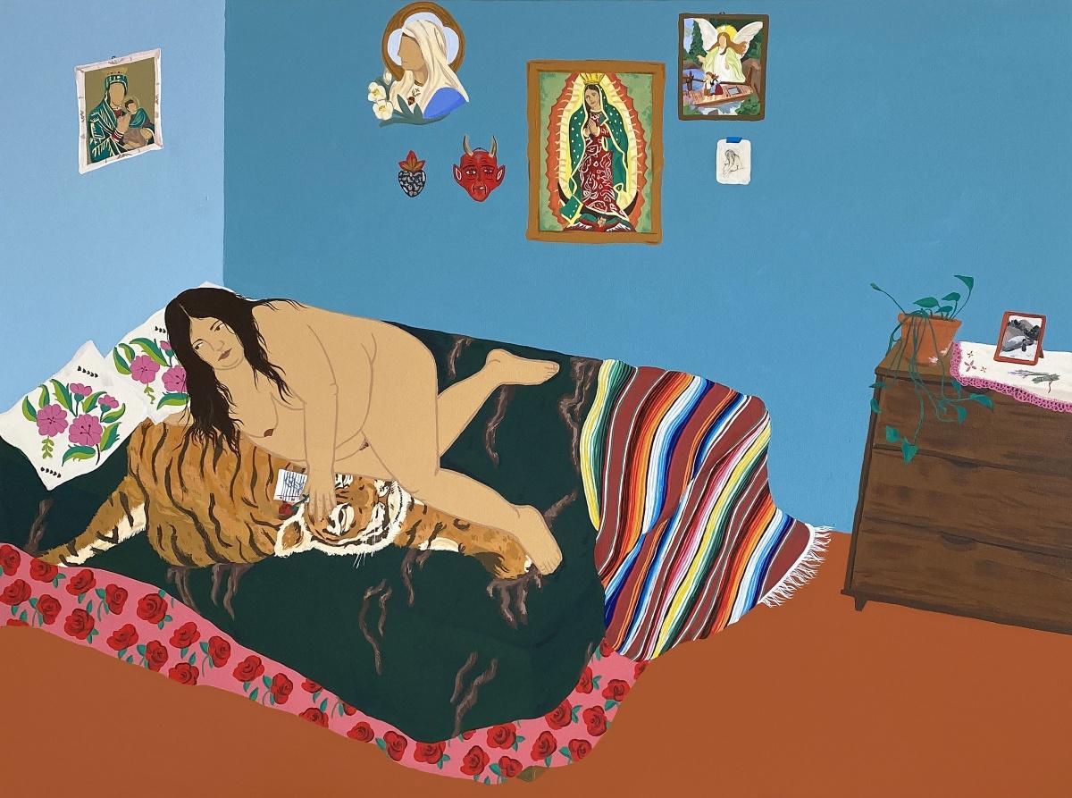 Gina M. Contreras (American), Protection for Past Memories and Future Fantasies, 2022. Acrylic, gouache, and graphite on stretched canvas, 48 x 60 in. Crocker Art Museum, John S. Knudsen Fund, 2000.44.1.