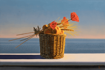David Ligare, Still Life with Apricots, Wheat, and Poppies, 2021. Oil on canvas, 12 x 18 in.