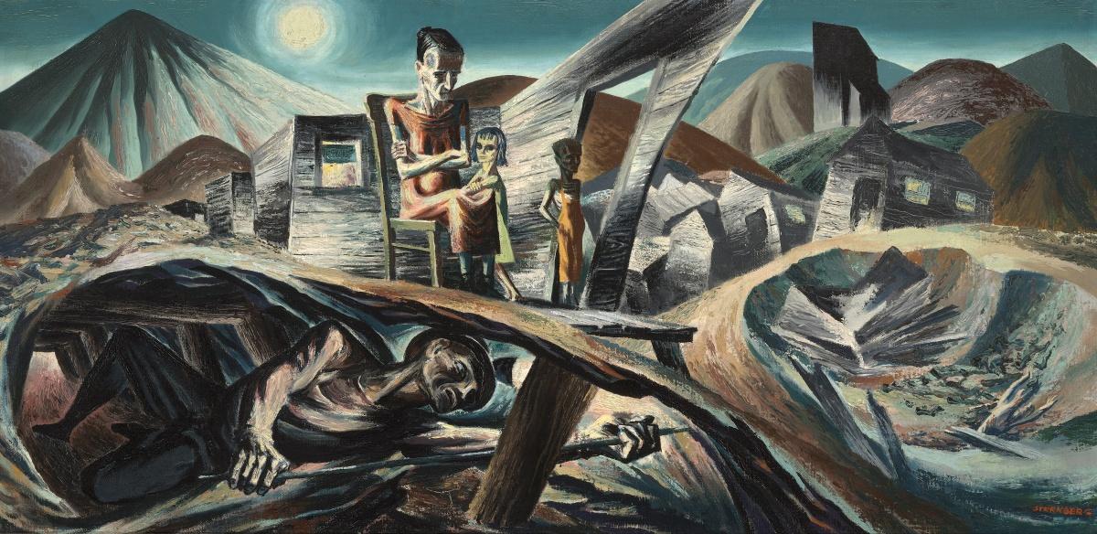 Harry Sternberg (American, 1904–2001), Coal Miner and Family, 1938. Oil on panel, 24 x 48 in. Collection of Sandra and Bram Dijkstra.