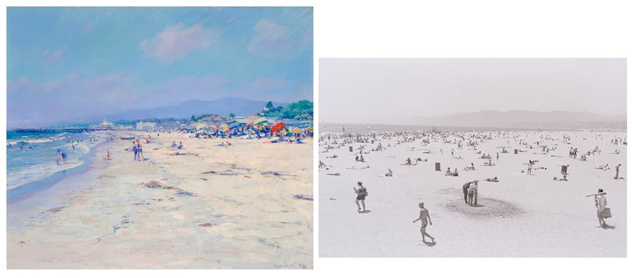 Comparison of John Frost (American, 1890–1937), The Beach, Santa Monica, 1921. Oil on canvas, 24 x 28 in. Crocker Art Museum, Melza and Ted Barr Collection, 2015.54 and Danuta Otfinowski (American, born 1953), Santa Monica, 1977. Gelatin silver print, 7 1/2 x 11 1/2 in. Crocker Art Museum purchase with funds from Charles S. Roberts, 1981.27.