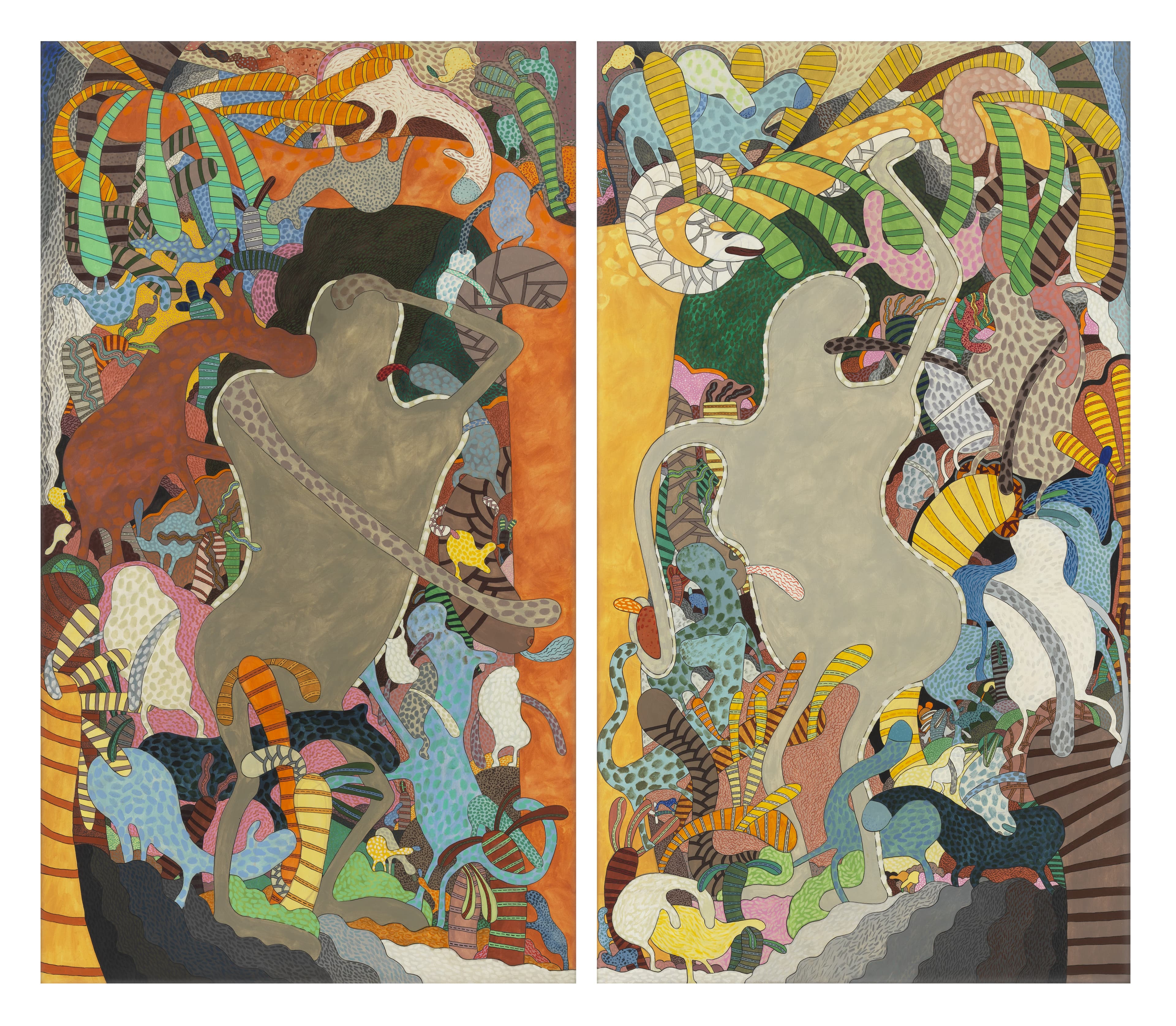 Fig. 4: Gladys Nilsson (American, born 1940), "Dipped Dick: Adam and Eve after Cranach," 1971. Acrylic on canvas in artist’s frame, 85 1/2 × 49 1/2 in. (each); 85 1/2 × 99 in. (overall). Courtesy of the Artist and Garth Greenan Gallery, New York.
