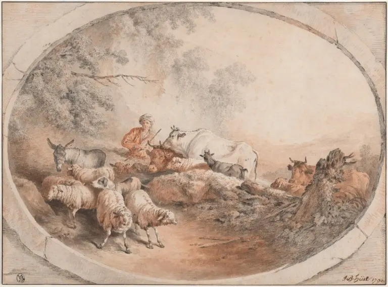 A pen, ink, and chalk drawing by Jean-Baptiste Hüet's that depicts a pastrol scene of a herdsmen surrounded by cows and sheep.The scene is framed in what appears to be an oval stone niche. 