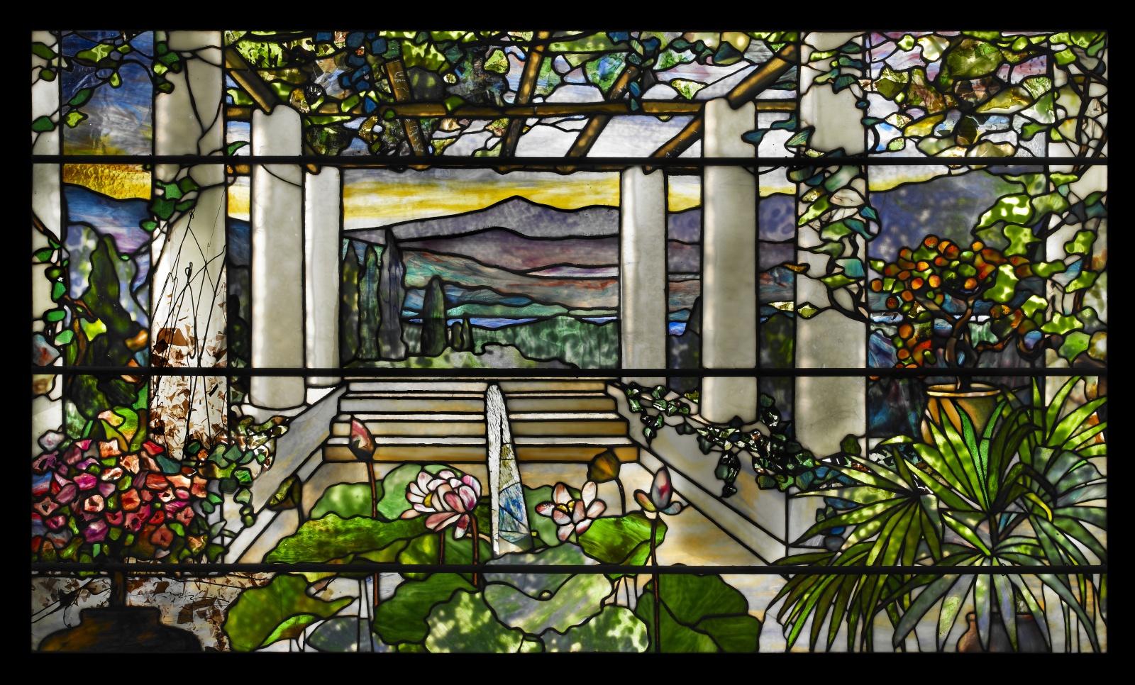 Tiffany Studios, Garden Landscape Window, 1900–1910. Leaded glass. Photograph by John Faier. © 2013 The Richard H. Driehaus Museum.