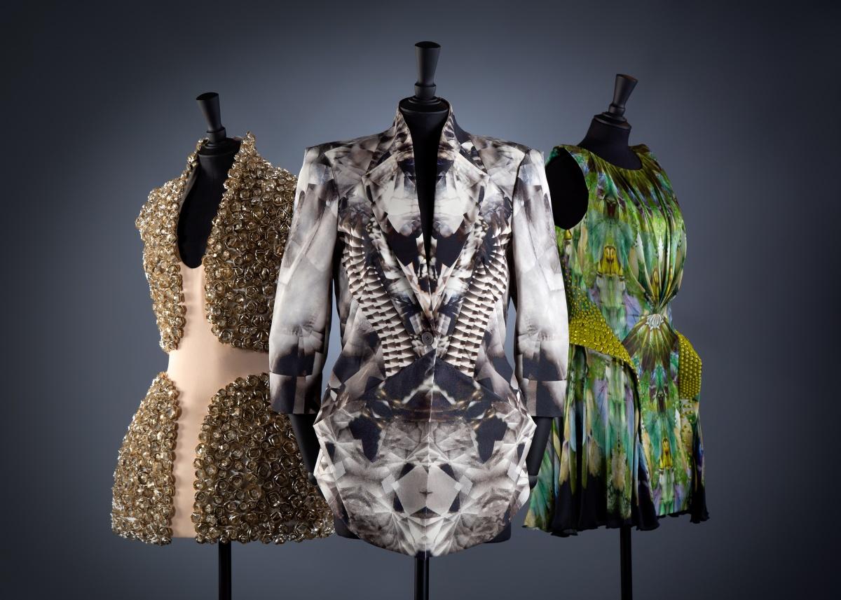 Alexander McQueen (British, 1969–2010), Four-panel minidress, Crystal kaleidoscopic print blazer, and Multicolor silk moth print kaleidoscope dress from Natural Dis-tinction, Un-natural Selection, Spring/Summer 2009 and Plato’s Atlantis, Spring/Summer 2010. Photo by Barrett Barrera Projects. Courtesy of Barrett Barrera Projects & RKL Consulting