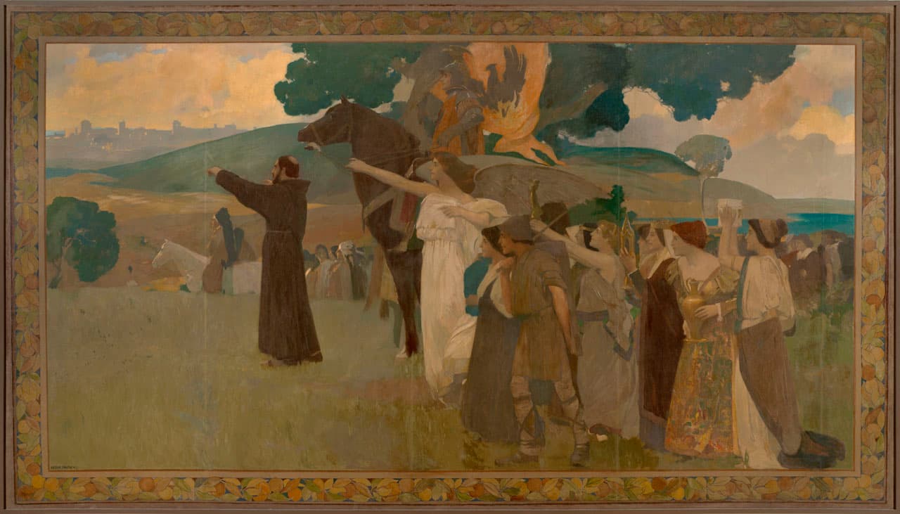 Arthur Frank Mathews (American, 1860–1945), Vision of Saint Francis, 1911. Oil on canvas, 91 1/2 x 161 1/2 in. Crocker Art Museum, gift of American Trust Company, Sacramento, 1950.29.