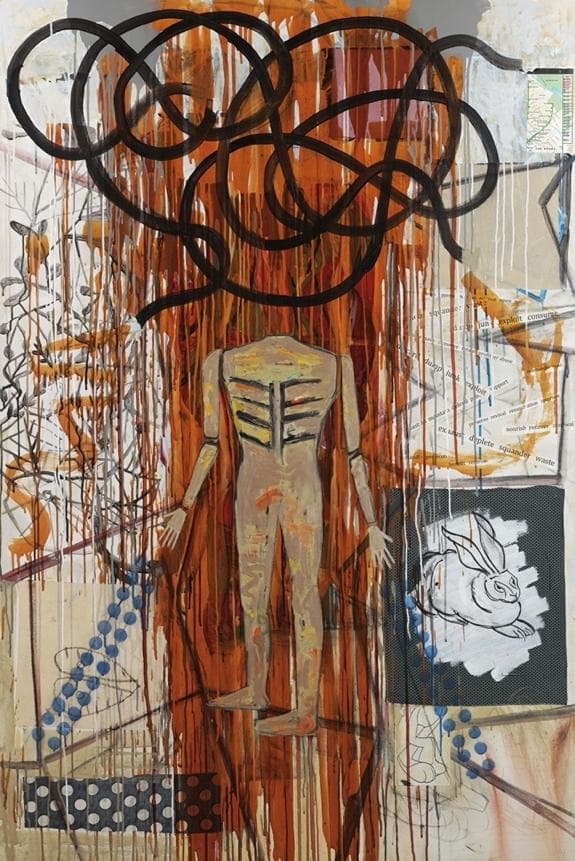 Jaune Quick-to-See Smith, Snake Dance, 2011. Oil, collage, and mixed media on canvas, 72 x 48 in. National Academy of Design, New York. Photo Credit: Image by Google © Jaune Quick-to-See Smith. Courtesy Garth Greenan Gallery, New York and American Federation of Arts.