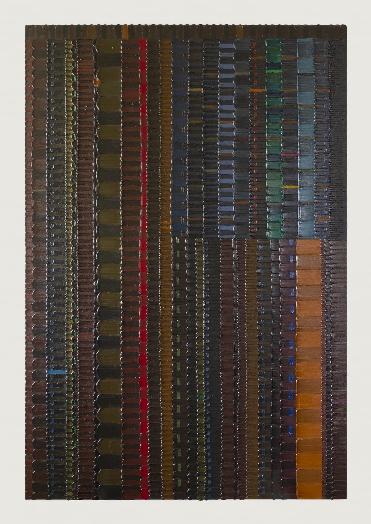 An acrylic on canvas painting that is taller than it is white. Thick paint in neat geometric colunts line the canvas in dark, muted covers. The pattern is reminescent of the American flag turned sidewides, with a denoated square in the top right (where the stars would be).