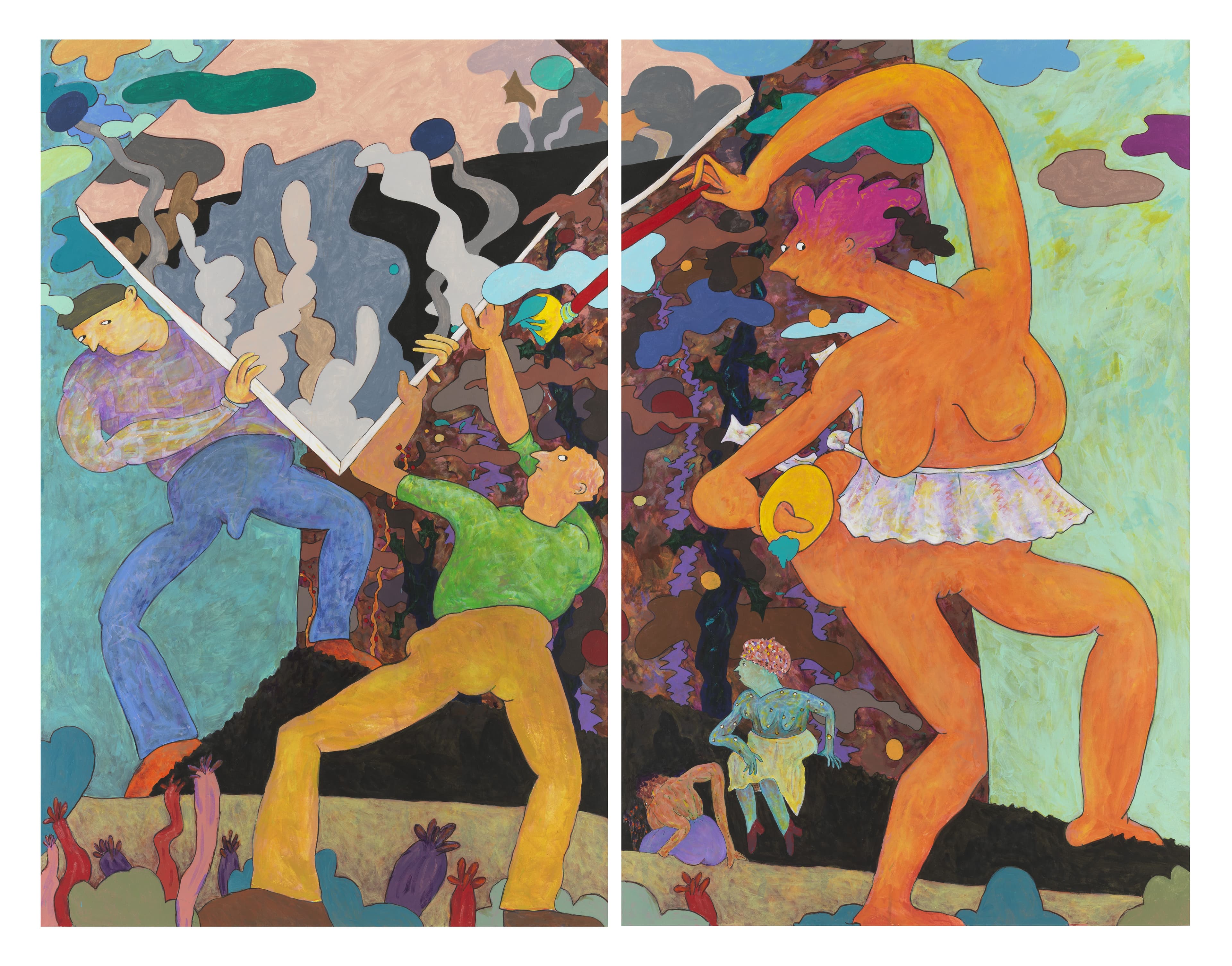 Gladys Nilsson (American, born 1940), "Gleefully Askew," 2019. Acrylic on canvas, 84 × 54 in. (each); 84 × 112 in. (overall). Private Collection, New York, Courtesy of AWG Art Advisory. Courtesy of the Artist, Garth Greenan Gallery, New York, and Parker Gallery, Los Angeles