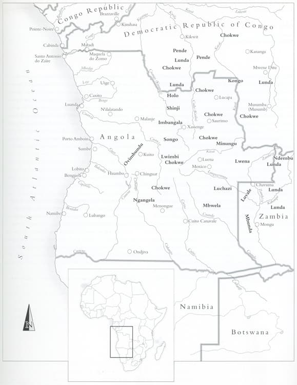 A map from Chokwe! Art and Initiation Among Chokwe and Related Peoples by Manuel Jordán and Marie Louise Bastin (1998).