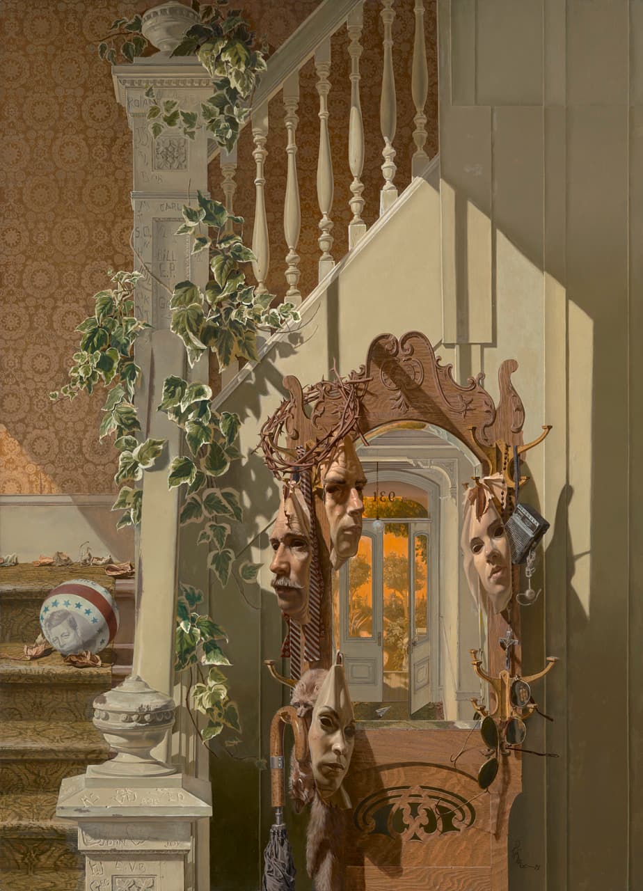 Ralph Borge (American 1922–2008), Masks of Persona, 1973. Oil on panel, 36 x 26 in. Crocker Art Museum, gift of Martha Borge and Family, 2026.78.2.