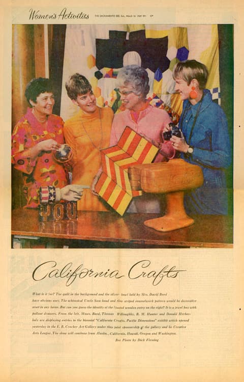 “California Crafts,” Sacramento Bee (March 16, 1969). Pictured from left to right are CALS members Virginia Burd, Susan Willoughby, Dora Hunter, Barbara Herberholz.